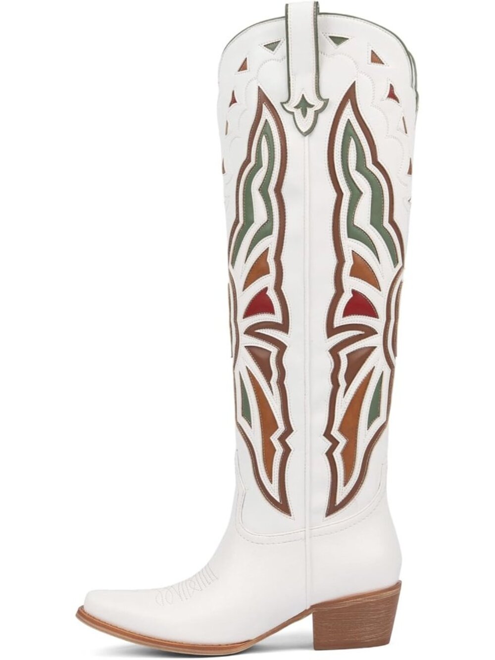 Women B-white Leather Knee High Chunky Butterfly Cowgirl Calf Pointed Toe Boot - Picture 4 of 6